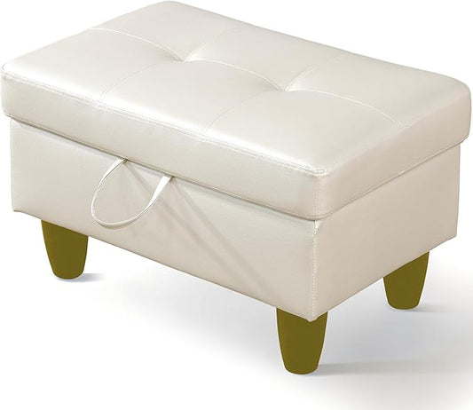 Ottoman Rectangular Storage Ottoman Bench, Faux Leather Footrest, Coffee Table, Stool Footstool with Hinged Lid for Living Room, Bedroom, Entryway, Pearl White, 28.5"x19"x17.5"