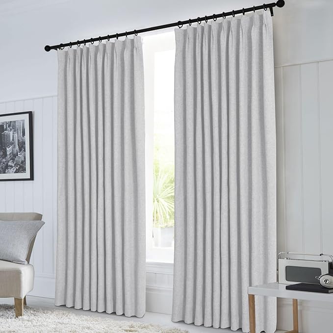 Macochico Extra Wide 100% Blackout Linen Curtains for Sliding Door Pleated Curtains with Hooks Insulated Soft Linen Drapes for Bedroom Living Room with Tieback Silver Grey 100”Wx84”L 1 Panel