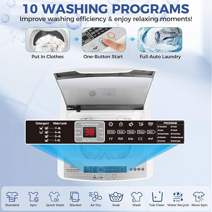 Nictemaw Portable Washing Machine, 20Lbs Capacity Full-Automatic Portable Washer Machine, 2.8Cu.ft Washer and Dryer Combo with 10 Programs 8 Water Levels for Apartment, Dorms, RV