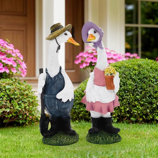 Porch Goose Statue Outfits Large Garden Sculpture Cement Home Outdoor Decorations Lawn Resin Big Duck Figurine Outside Yard Concrete Geese Decor Farmhouse Duckling Couple Dress Up