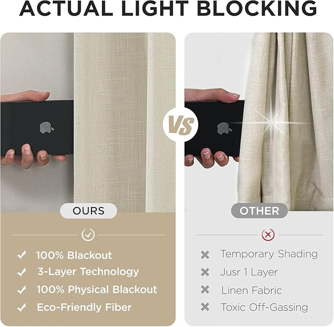 Joydeco Pleated Curtains for Living Room Bedroom, Linen Drapes 90 inch Length 2 Panels Set, Blackout Thermal Insulated Curtain(Bleached Sand,40'' Wx90'' L)