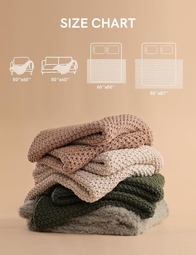 YnM Chunky Cotton Knit Throw Blanket, Cable Knit Throws for Bed Couch Sofa, Comfy & Relaxing, Decorative Piece for Farmhouse Modern Boho Rustic Scandinavian Chic Vibe, Beige 80x87 Inches