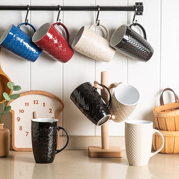 AmorArc Large Coffee Mugs Set of 6, 20oz Ceramic Tall Coffee Mugs Set with Textured Geometric Patterns for Coffee/Tea/Beer/Hot Cocoa, Dishwasher & Microwave Safe, Black&Beige
