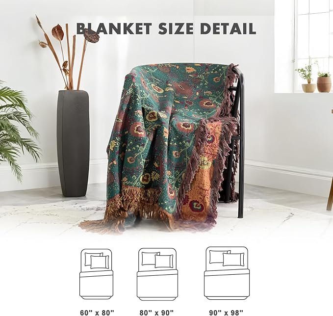 MSGKV Cotton Bed Blanket for Couch and Sofa Blankets for Living Room Bedroom Reversable Florals Throw 90"x98" Breathable Cozy Boho Blankets