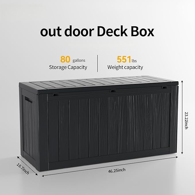 80 Gallon Outdoor Storage Box Waterproof Lockable Resin Deck Box Large, Patio Storage Bin for Pool Accessories Cushion Furniture, Garden Tools, UV-Resistant Outside Delivery Black