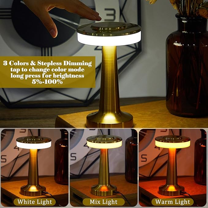 VIHOSE Set of 8 LED Portable Cordless Table Lamp with Touch Sensor 3 Color Stepless Dimming Rechargeable Battery up to 15 Hours Cordless Table Light Wireless Lamp for Nursery(Gold)