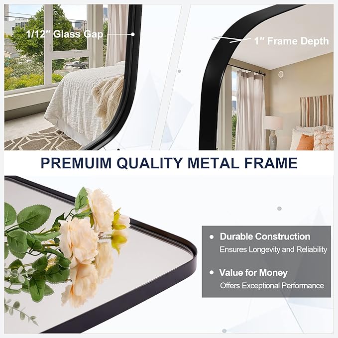 ANDY STAR Black Mirror for Bathroom, 28x36 Inch Stainless Steel Metal Frame Oblong Bathroom Mirror for Vanity, 1’’ Deep Wall Mounted Vertically/Horizontal