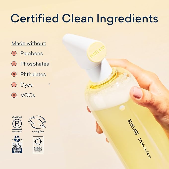 BLUELAND Multi-surface Cleaner, Starter Set, Fresh Lemon Scent, Spray Bottle with 4 Refill Tablets, All-Purpose, Eco-Friendly Cleaning Supplies, 4 x 24 Fl oz
