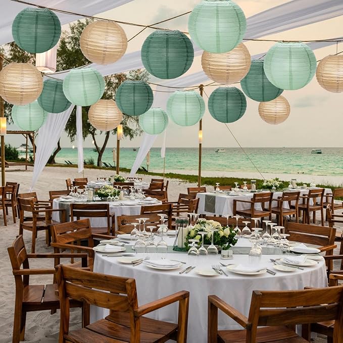 Paper Lanterns Decorative, Sage Green Forest Tan Hanging Round Chinese Lanterns with Lights for Rustic Party Sage Green Birthday Party 12 LED Light Pack of 12