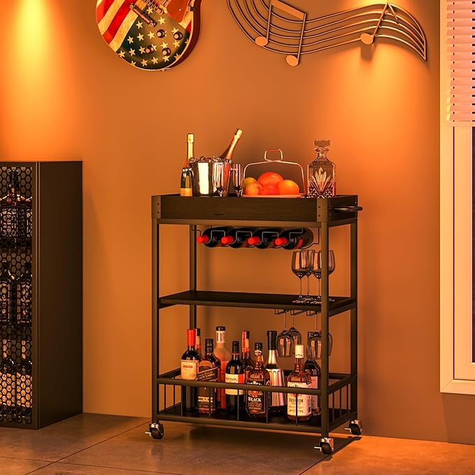 Bar Cart Serving Wine 3 Tier Home Rolling Rack with Wheels Mobile Kitchen Industrial Vintage Style Wood Metal Serving Trolley Serving Cart, Drink Cart for Living Room Kitchen