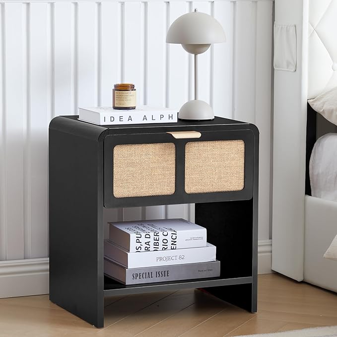 LEVNARY Nightstand Set of 2, Mid-Century Modern Bedside Table with Charging Station and Fabric-Like Textured Drawer, Wooden End Table for Farmhouse Bedroom Living Room (2, Black)