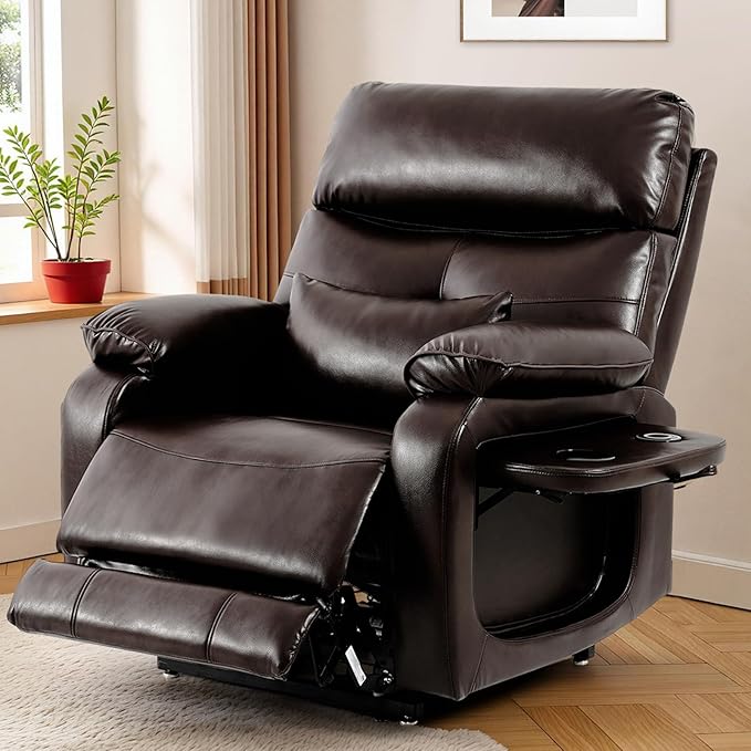 Dual Motor Power Lift Recliner Chair for Adult & Elderly, Infinite Position Lay Flat Lift Chair with Heat & Massage, Cup Holder, Lumbar Pillow, Wireless Charger, USB Ports, Leather (Brown)