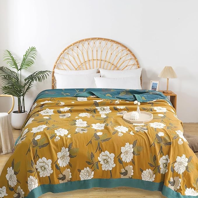 Boho Throw Blanket for Bed - 100% Pure Cotton Ultra Soft Rustic Quilt - Farmhouse Decor Bed Blankets, All Season Rustic Throw for Sofa Couch Chair(60"×80", Flower Branch 2)