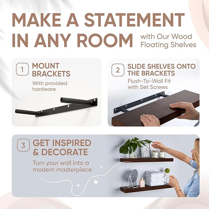Homeforia 30inch Walnut Floating Shelves for Wall Mounted, High End Solid Real Wood 30 in Floating Shelf, Dark Brown Wooden 30 inch Long Floating Shelves, Heavy Duty Bracket, 30 X 6.5 X 1.75, Set of 2