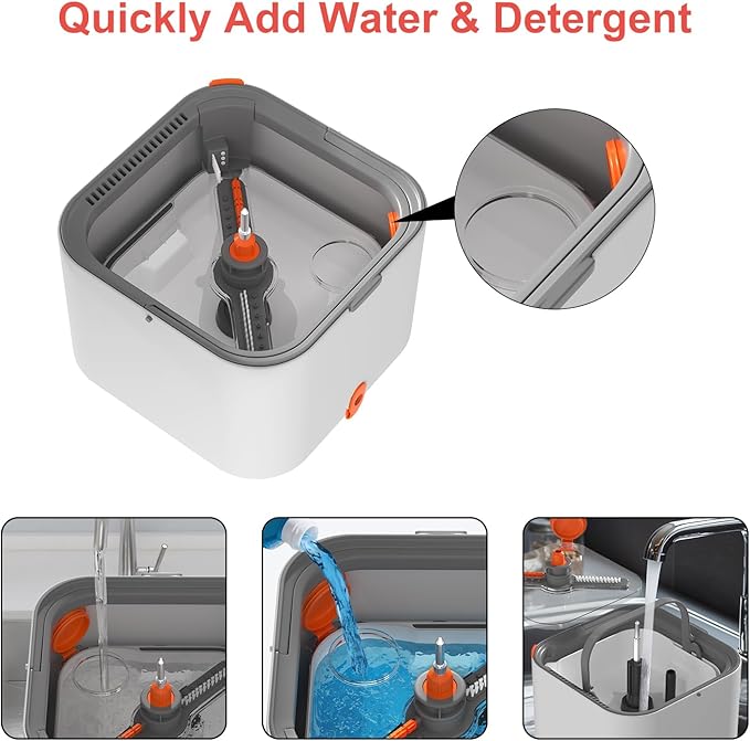 Mop and Bucket Set, Spin Mop with Self Seperates Dirty Water System, Square Mops for Floor Cleaning, 360 Rotating Foldable Standing Mop Head, Versatile Mops for Walls (Mop Bucket with 4 Pads)