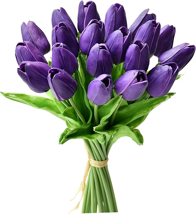 Mandy's Artificial Tulips 20 Stems Dark Purple PU Faux Flowers for Wedding Home Decor 13.5 Inch