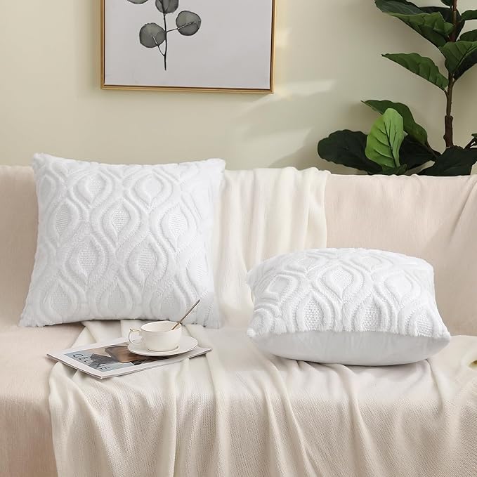 decorUhome Fall Throw Pillow Covers 18x18 Inch Set of 2, Soft Plush Decorative Faux Fur White Solid Couch Pillow Covers, Accent Farmhouse Neutral Square Euro Pillow Cases for Sofa Bed Living Room