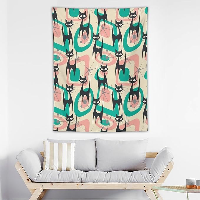 ICMOLYYENLO Boho Medieval Cat Tapestry, Abstract Atomic Starburst Geometric Aesthetic Art Wall Hanging For Bedroom Living Room Dormitory 60x60 Inches