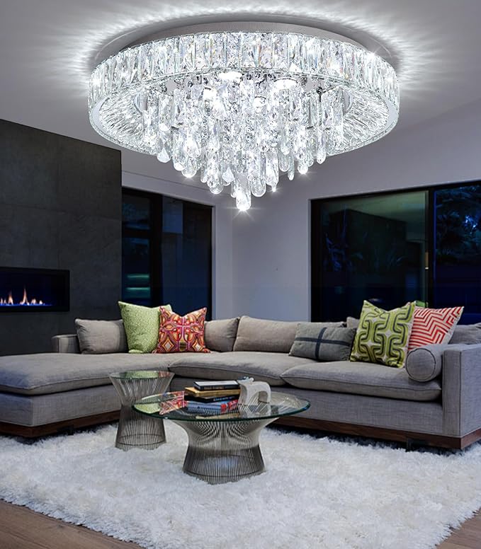 23.6'' Modern Crystal Chandeliers LED Dimmable Flush Mount Ceiling Chandeliers for Living Room Entrance Foyer Bedroom Silver