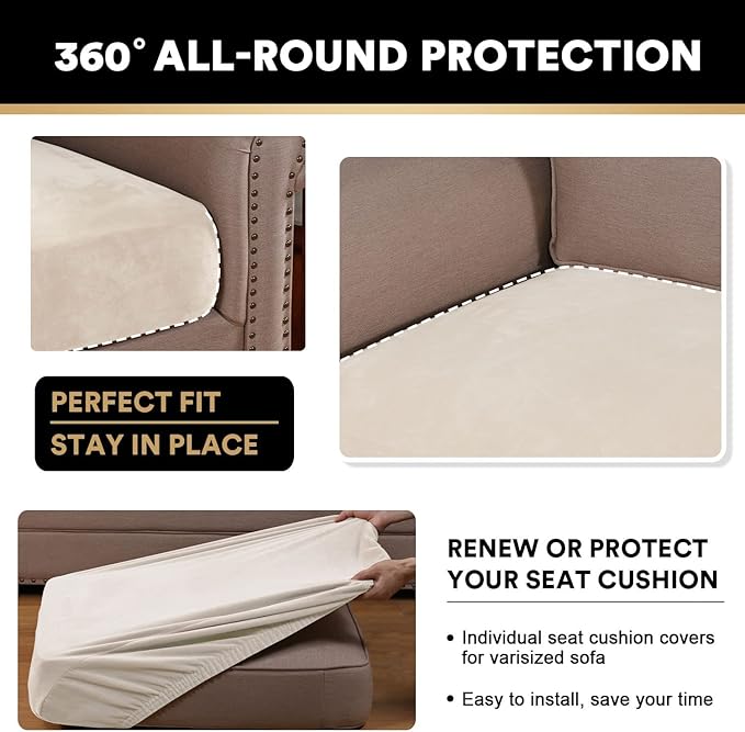 PrinceDeco Velvet Couch Cushion Cover Soft Stretch Cushion Slipcover for Chair Loveseat Sofa Cushion Furniture Protector Seat Cushion Sofa Cover (2 Piece Large Sofa Cushion Covers, Ivory)