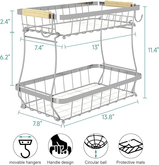 2 Tier Fruit Basket for Kitchen Counter with 2 Banana Hangers, 2025 Pro Detachable Metal Fruit Bowl with Wooden Handle,Fruit Holder for Bread Snack Veggies, Silvery