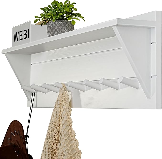 WEBI Coat Rack Wall Mount with Shelf,8 Peg Hooks,34" Long Entryway Wall Shelf with Hooks Underneath for Hanging Coats,Caps,Jacket,Clothes,White