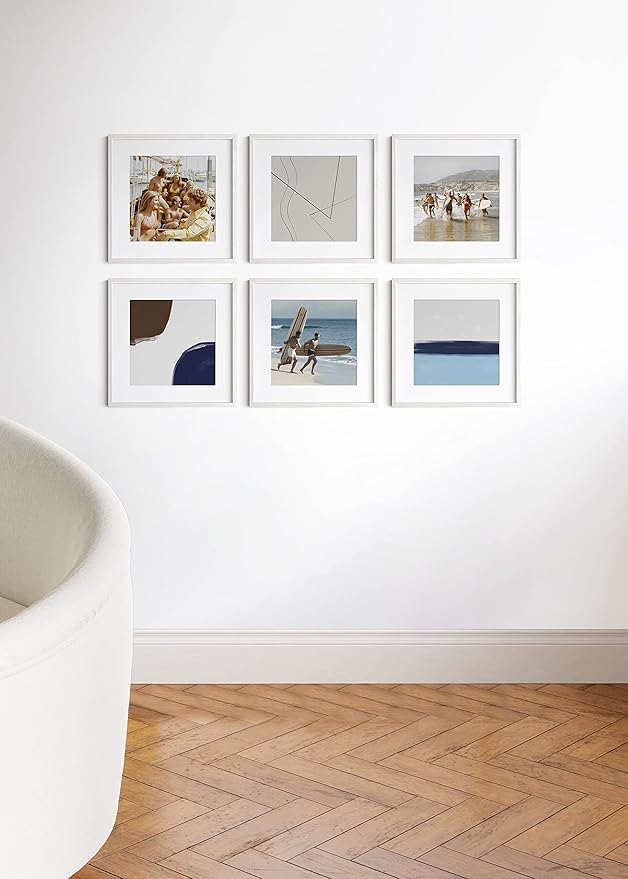 HAUS AND HUES Solid Oak Wood 16”x16” Picture Frames Matted to 12”x12” Set of 6 - White Picture Frames 16x16, Square Frames 16x16, White Square Picture Frames, 16x16 Gallery Wall Frame Set