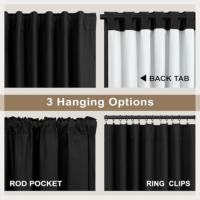 DANCURTON Black Blackout Curtains 63 Inch Length for Bedroom 2 Panels Set Back Tab Living Room Darkening Dark Out Heavy Thick Linen Farmhouse Insulated Thermal Curtain for Winter Summer 63 Inches Long