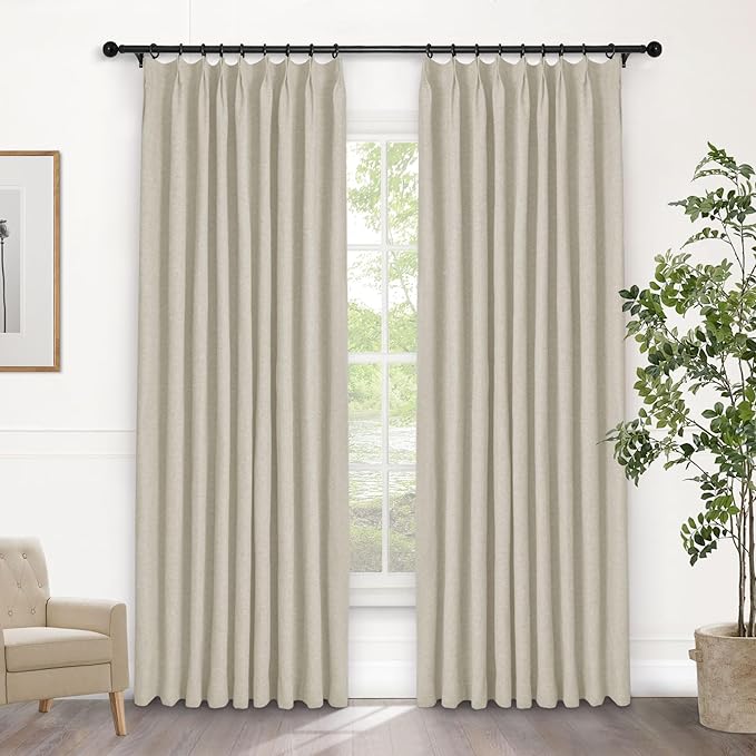 Macochico Pinch Pleated Blackout Curtains 102 Inches Long 100% Light Blocking Ivory White Linen Drapes for Bedroom Living Room Farmhouse Shabby Chic Burlap Curtains with Tieback 72”Wx102”L 1 Panel