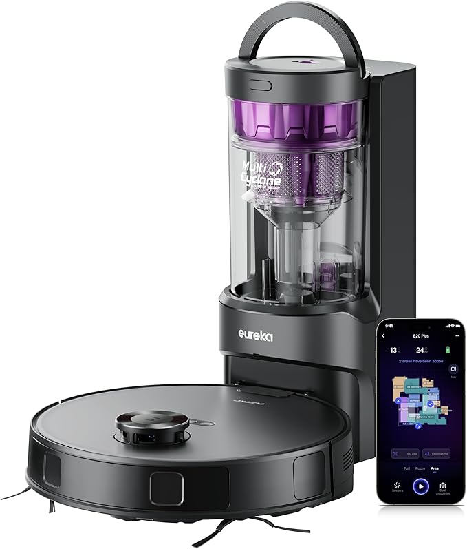 Eureka E20 Plus Robot Vacuum with Bagless Self Emptying Station, Robotic Vacuum and Mop Combo, 45-Day Capacity, Upgraded 8000Pa Suction and Anti Hair-Tangling Brush, LiDAR Navigation, App Control