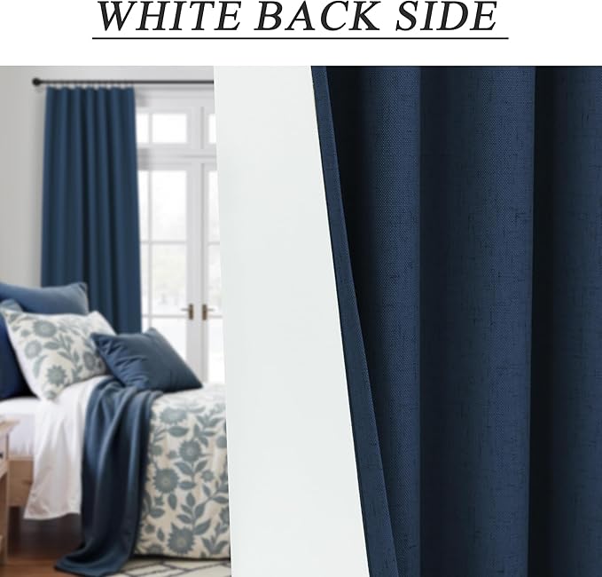 Navy Blue Linen Black Out Curtains 63 Inch Long 2 Panels Burg Thermal Insulated Total Blackout Window Shades Light Blocking Dark Curtains for Living Room Kids Children Boy Bedroom 63 Length White Back