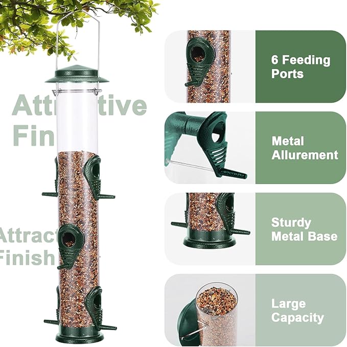 MIXXIDEA 1PK Metal Bird Feeders with 6 Feeding Ports,Tube Bird Feeder with Steel Hanger,Hard Plastic Wild Bird Feeder for Outdoors Hanging, Attracting Birds in Your Lawn, Garden, Balcony–Green