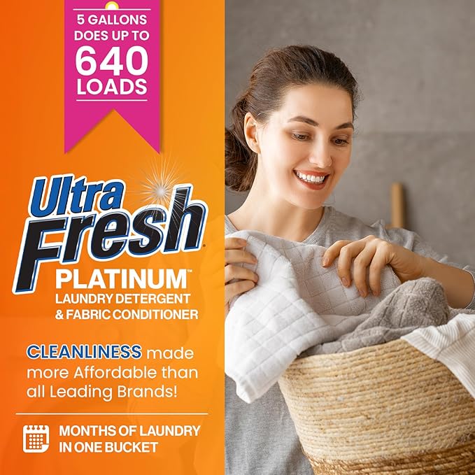 Ultra Fresh 5 Gallon Liquid Laundry Detergent Washing Soap with Spring Fresh Fabric Softener for All Machine Types, 6X Platinum, Up to 640 Loads