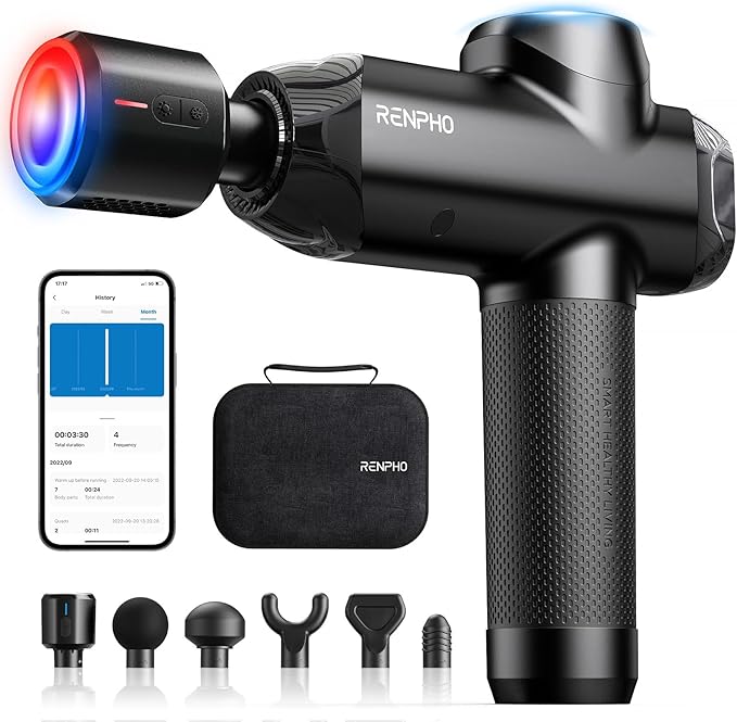 RENPHO Massage Gun Deep Tissue with Heat and Cold, Percussion Muscle Massage Gun Bluetooth with 12mm Amplitude, Handheld Massager Gun, Power+ Thermacool