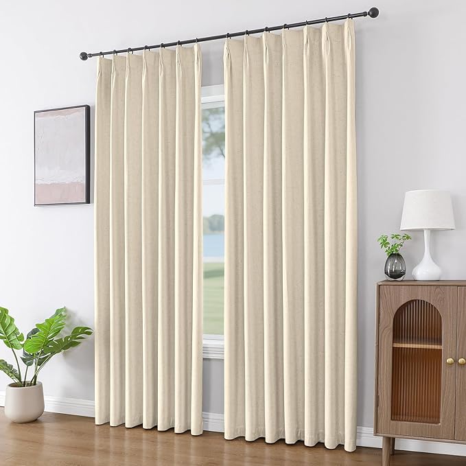 Joydeco Pleated Curtains for Living Room Bedroom, Linen Drapes 90 inch Length 2 Panels Set, Blackout Thermal Insulated Curtain(Bleached Sand,40'' Wx90'' L)