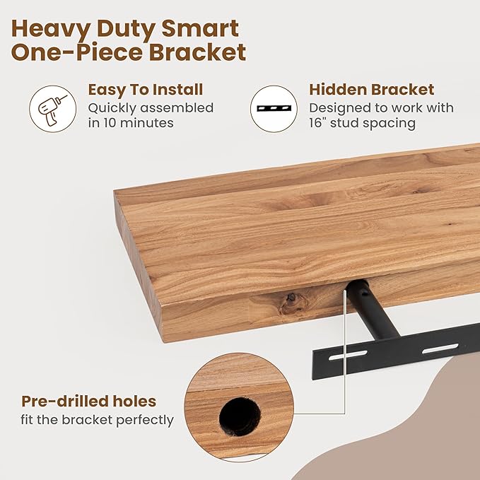 Floating Shelves for Wall Decor, Rustic Solid Elm Wood Live Edge Floating Shelves Wall Mounted, Wall Shelves with Invisible Bracket for Living Room Bathroom Bedroom Kitchen, 72 Inch, Natural