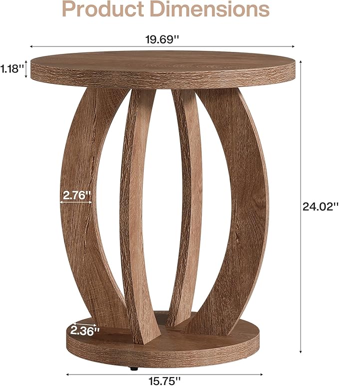 Tribesigns End Table, Round Side Table with Storage, Farmhouse Nightstand Bedside with Round Tabletop, Accent End Table for Living Room Bedroom Small Space, Wooden Accent Furniture (2, Brown)