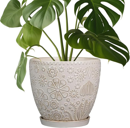 Ceramic Planter 8 Inch Plant Pot with Drainage Hole and Saucer Ceramic Pots for Indoor Plants Outdoor Large Flower Pot for Home Decor White