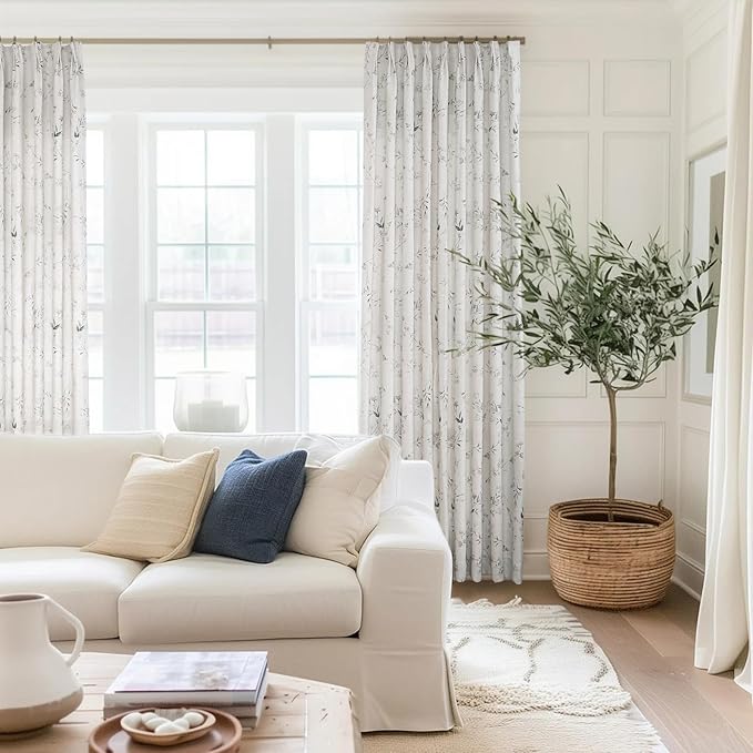 Pinch Pleated Floral Linen Curtains, 40 Inch Wide by 84 Inch Long Printed Curtains for Privacy Light Filtering, Suitable for Living Rooms and Sunrooms.2 Panels