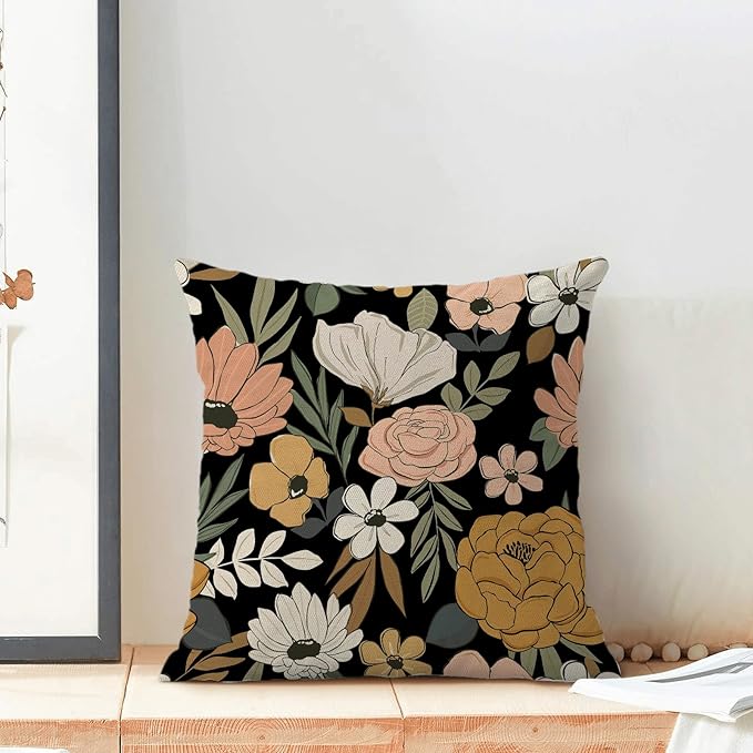 CXMEIFLY Spring Floral Pillow Covers 16 x 16 Inch Set of 2 for Vintage Pink Mustard Yellow Cream Flowers Decor Throw Pillows Plant Black Outdoor Decorative Cushion Cases for Couch Bed Decorations