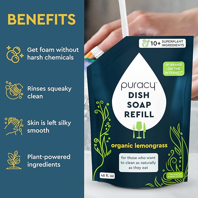 Puracy Natural Dish Soap Refill - Skin-Softening Plant-Based Liquid Dishwashing Detergent Soap, Clean-Rinsing Water-Sheeting Formula (Organic Lemongrass, 48 fl oz)