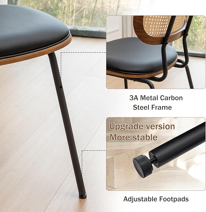 Rattan Dining Chairs Set of 2, Mid Century Modern Dining Chairs with Cane Back for Kitchen Dining Room, 19 Inch Faux Leather Black