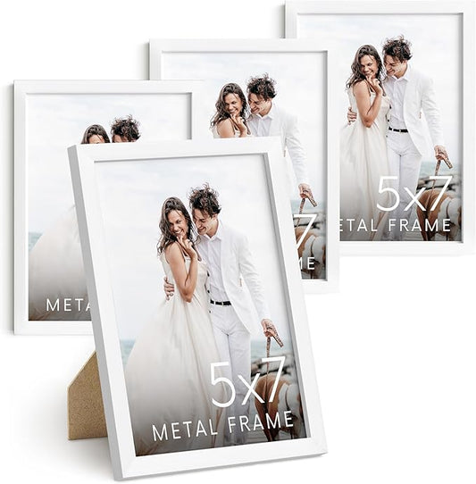 HAUS AND HUES 5x7 White Metal Picture Frames - Photo Frames 5X7 - Features Premium Aluminum, Vertical Hanging, Easel Back for Tabletop, Home, Office (5x7 in, White, Set of 4)