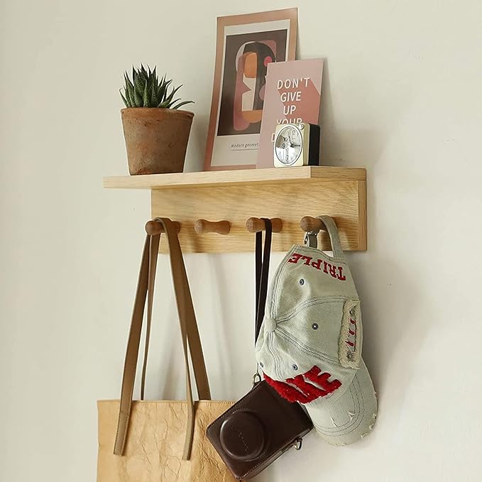 Entrance Coat Rack ，Coat Hooks, Wall-Mounted Wooden Hook Rack, Wall-Mounted Shelves are Very Suitable (Oak Colored Finish-1)