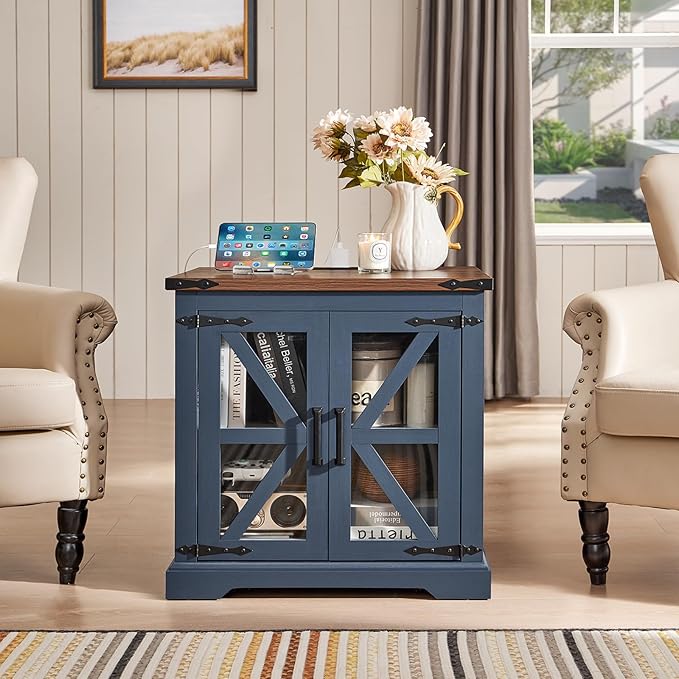 Farmhouse End Table Set of 2 with Charging Station, 24" Large Sofa Side Table with Glass Barn Door, Night Stand with Adjustable Shelf, Wood Nightstand, Square Bed Side Table for Living Room,Bedroom