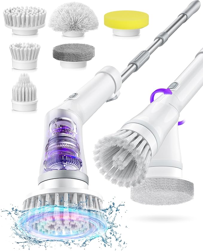 Electric Spin Scrubber, Cordless Shower Scrubber Rotary Floor Brushes & Pad Drivers with 6 Brush Heads - 2H Dual Speed, IPX7 Waterproof Extension Handle for Bathroom Tile Car Cleaning (White)