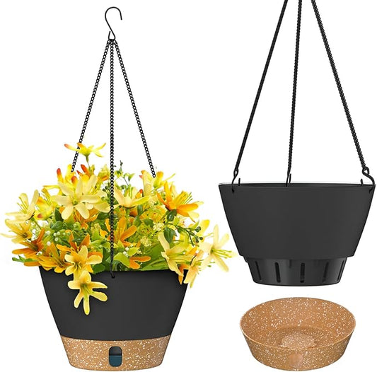 ZMTECH 10 Inch Hanging Planters for Outdoor Plants, Hanging Pots for Plants Indoor with Visible Water Level, Hanging Flower Basket with Drainage Holes & Removable Tray(2 Pack, Gray)
