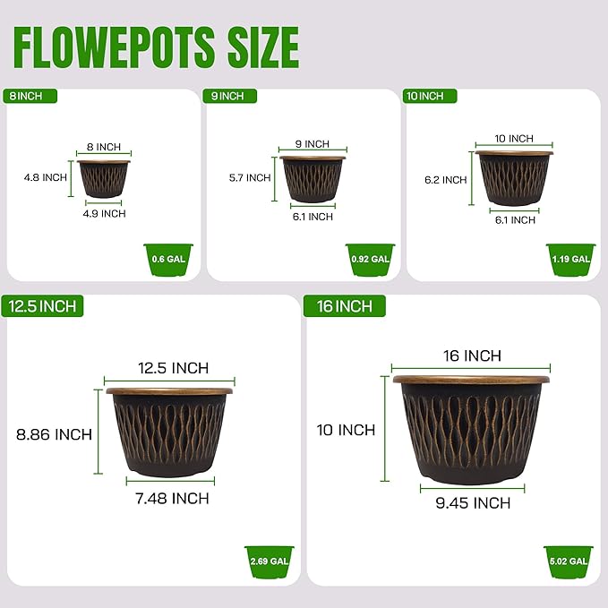 4 Pack 10 Inch Retro Plant Pots, Vintage Striped Flower Pots with Drainage Hole & Saucer, Large Plastic Planters for Indoor and Outdoor Plants, Decorative Garden Pots(Gold)