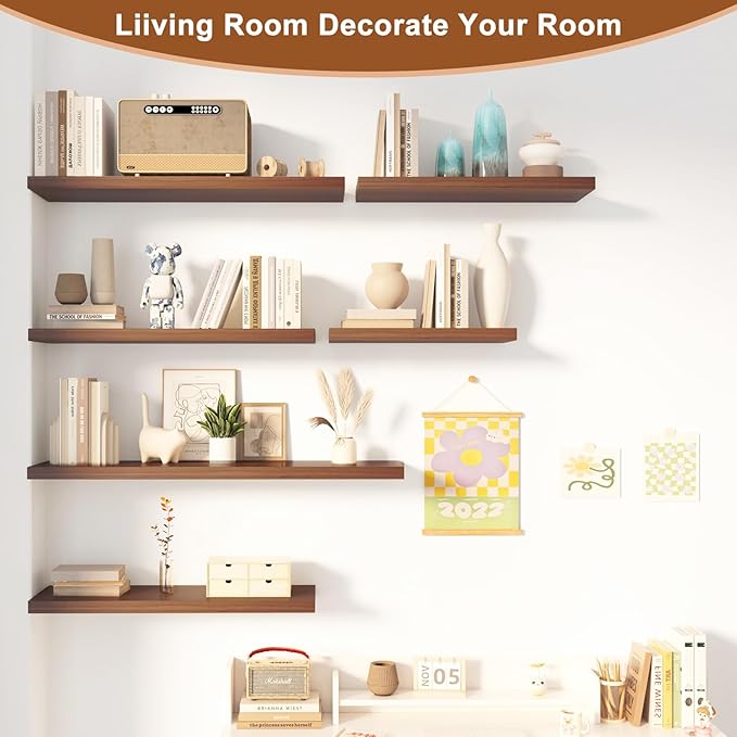 48 Inch Floating Shelf 3 Pack Large Floating Shelves for Wall No Drilling Accessories Included Deep Wall Shelves for Living Room Kitchen Farmhouse 48" W x 12" D x 1.2" Walnut