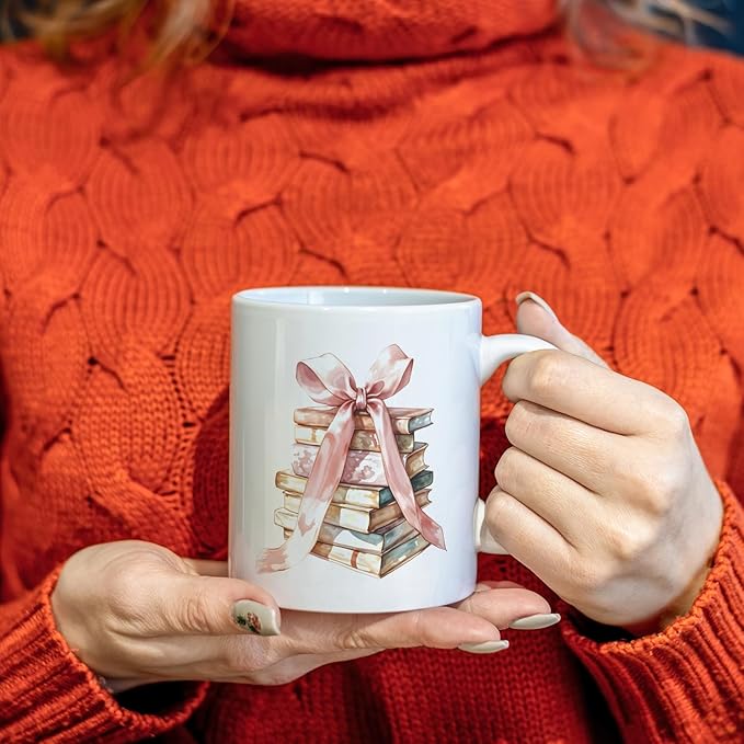 JINYO Coquette Pink Bow Books Mug, Book Coffee Cup, Reading Mugs for Book Lovers, Gifts for Readers Books Lovers Women, Bookish Bookworm Gifts for Women, Ceramic Coffee Tea Mug 11 oz